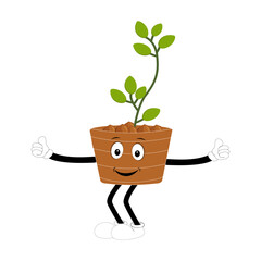 Plant pot mascot cartoon character, Cute Potted Plant Mascot with Vibrant Leaves. Flat Art Plant Mascot, Perfect for Logos and Stickers