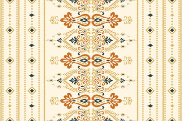 Seamless vertical ikat pattern with ornamental floral and geometric shapes in beige, olive, and rust tones, ethnic textile design perfect for fabric, wallpaper, boho decor, and digital print use.