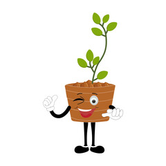 Plant pot mascot cartoon character, Cute Potted Plant Mascot with Vibrant Leaves. Flat Art Plant Mascot, Perfect for Logos and Stickers