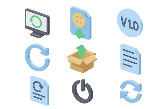 Software update icons and symbols representing version control and installation