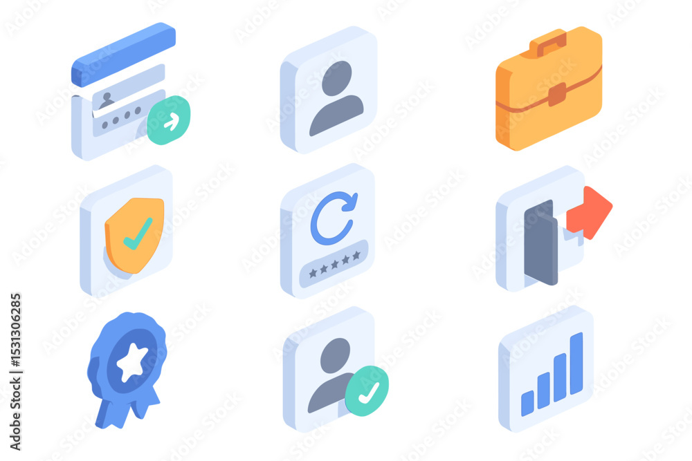 Poster isometric icons of user interface elements with glowing effects