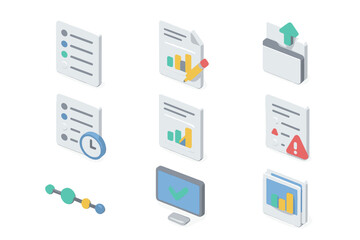 Isometric data analytics icons featuring graphs and charts