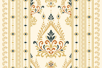 Seamless vertical ikat pattern with ornamental floral and geometric shapes in beige, olive, and rust tones, ethnic textile design perfect for fabric, wallpaper, boho decor, and digital print use.