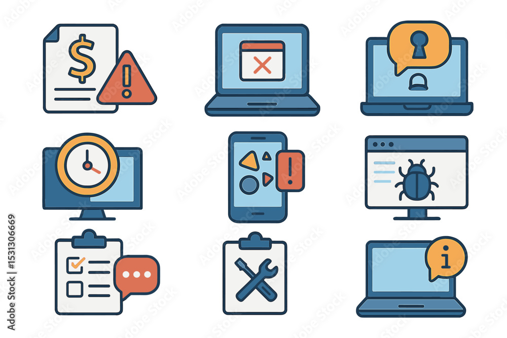 Poster digital security icons featuring devices and alert symbols