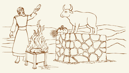 Vector drawing. Man worship idol