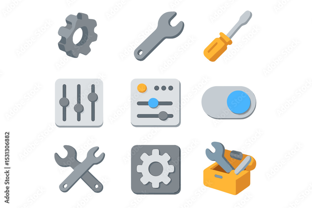 Poster set of tools and settings icons with gears and screwdrivers on gray background