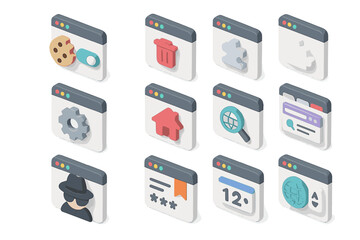 Fototapeta premium Isometric browser icons collection with various web elements