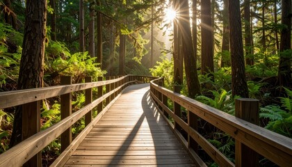 Fototapeta premium Scenic Wooden Boardwalk Pathway Through Coastal Forest with Sunlight