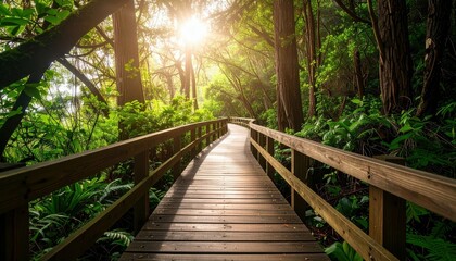 Fototapeta premium Sunlight Filtering Through Trees on a Serene Wooden Boardwalk Pathway