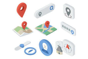 3d map icons collection with location pins and navigation symbols
