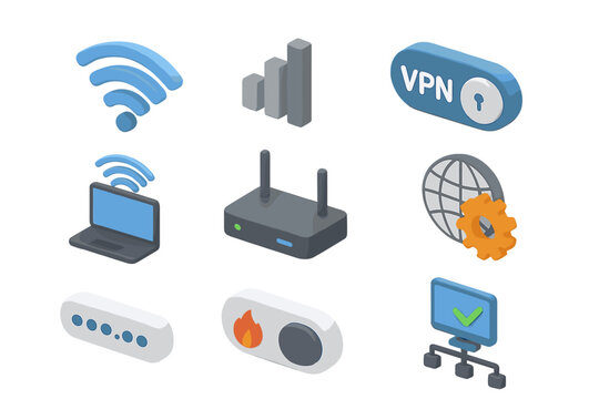 3d icons of technology: wi-fi, vpn, network, and security symbols - Powered by Adobe
