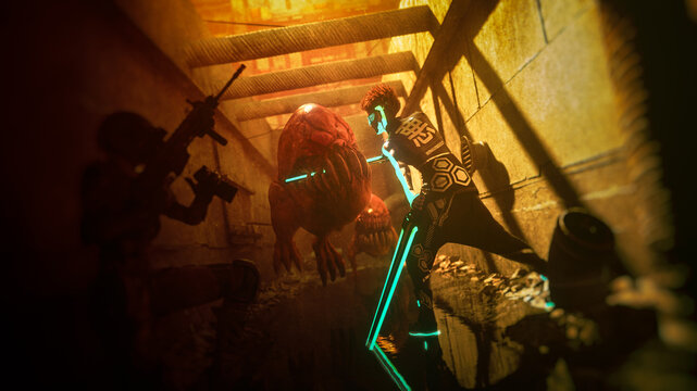 In a post-apocalyptic urban tunnel, the young warrior Valin faces off against a monstrous creature with glowing energy blades, while his brave companion Kara aims her rifle from the shadows. 