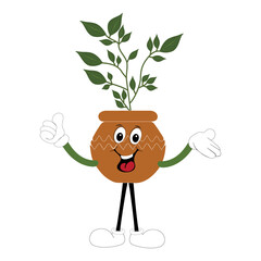 Plant pot mascot cartoon character, Cute Potted Plant Mascot with Vibrant Leaves. Flat Art Plant Mascot, Perfect for Logos and Stickers