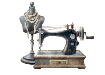 Mannequin and sewing machine. Female torso for trying on clothes and sewing accessories. Watercolor illustrations of vintage items. For a sewing workshop, sewing blogs, printing postcards, stickers.