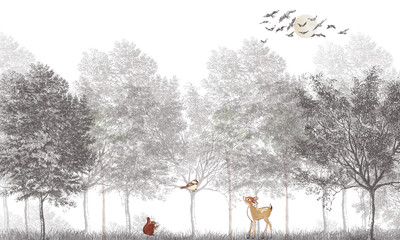 Monochromatic Forest Animals Wallpaper: Gray Deer, Birds in Woodland Scene © csinie1