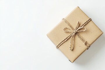 A square kraft paper gift box, tied with twine