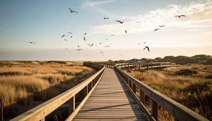 Fototapeta premium Serene Wooden Boardwalk Pathway Through Coastal Marsh at Sunset