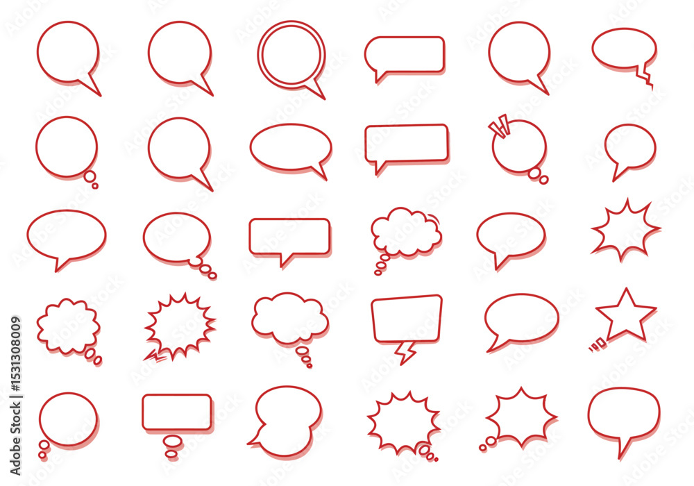 Poster collection of empty red line art style speech bubbles and thought bubbles representing communication