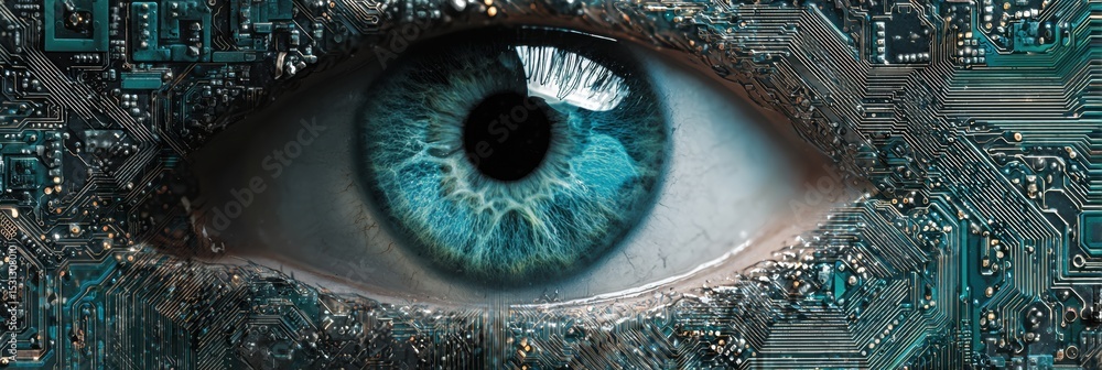 Poster stylized eye design featuring digital circuits with a minimalist tech style in blue and green tones