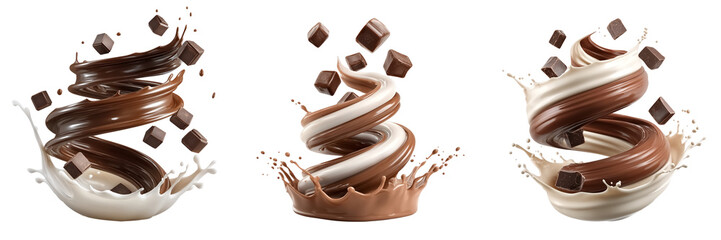 A dynamic swirl of chocolate and milk in a spiral shape with chocolate cubes on a transparent background