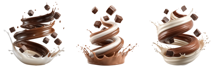 A dynamic swirl of chocolate and milk in a spiral shape with chocolate cubes on a transparent background