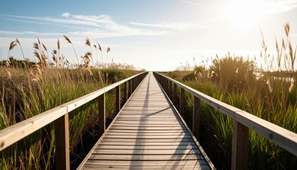 Fototapeta premium Scenic Wooden Boardwalk Pathway Through Coastal Wetland Ecosystem