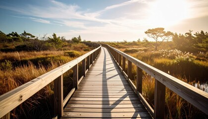Fototapeta premium Scenic Wooden Boardwalk Pathway Through Coastal Wetland at Sunset