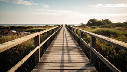 Obraz premium Scenic Wooden Boardwalk Pathway Through Coastal Wetland Ecosystem