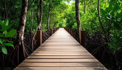 Obraz premium Aerial View of Wooden Boardwalk Pathway through Lush Mangrove Forest