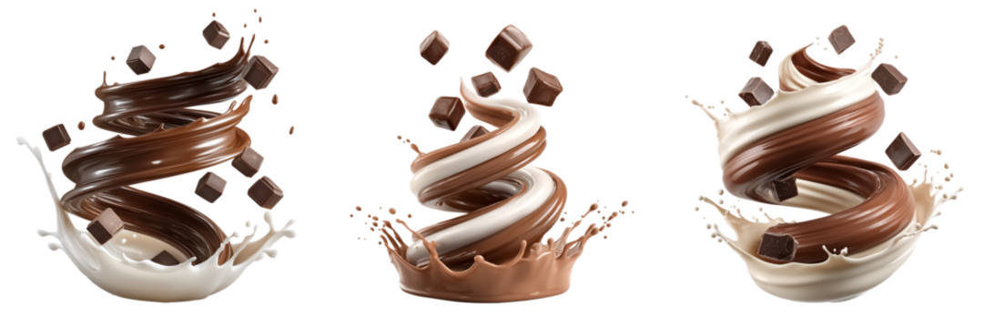 A dynamic swirl of chocolate and milk in a spiral shape with chocolate cubes on a transparent background
