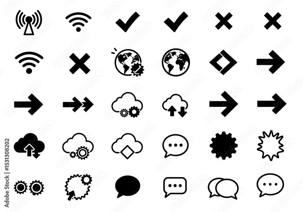 Poster diverse collection of geometric symbols and icons representing technology networking connectivity an