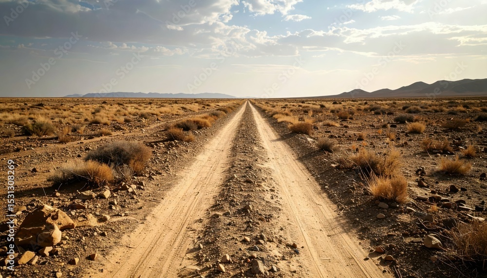 Poster worn pathway through vast empty desert under shimmering distant heat