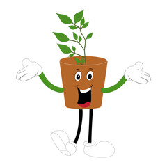 Plant pot mascot cartoon character, Cute Potted Plant Mascot with Vibrant Leaves. Flat Art Plant Mascot, Perfect for Logos and Stickers