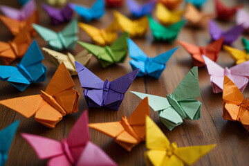 Handcrafted paper butterflies in multiple colors.