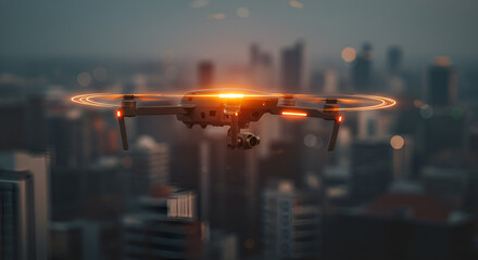 Illuminated Drone Soaring Above Cityscape at Dusk with Glowing Light Trails