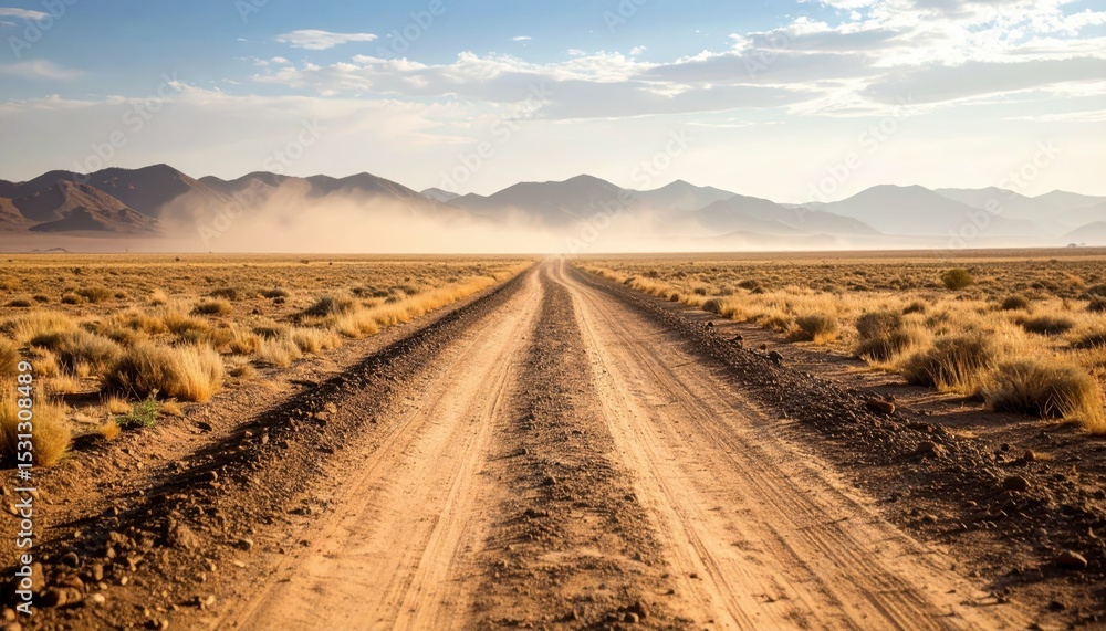 Poster worn pathway through vast empty plain with distant mountains and dust