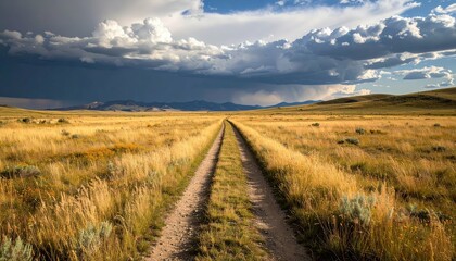 Obraz premium Worn Pathway Through Vast Empty Grassland Under Distant Storm Horizon
