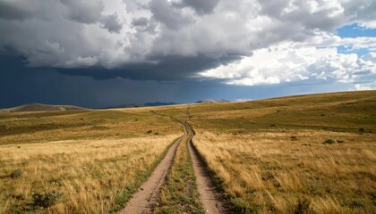 Obraz premium Worn Dirt Pathway Through Empty Grassland Under Distant Stormy Sky