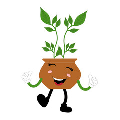 Plant pot mascot cartoon character, Cute Potted Plant Mascot with Vibrant Leaves. Flat Art Plant Mascot, Perfect for Logos and Stickers