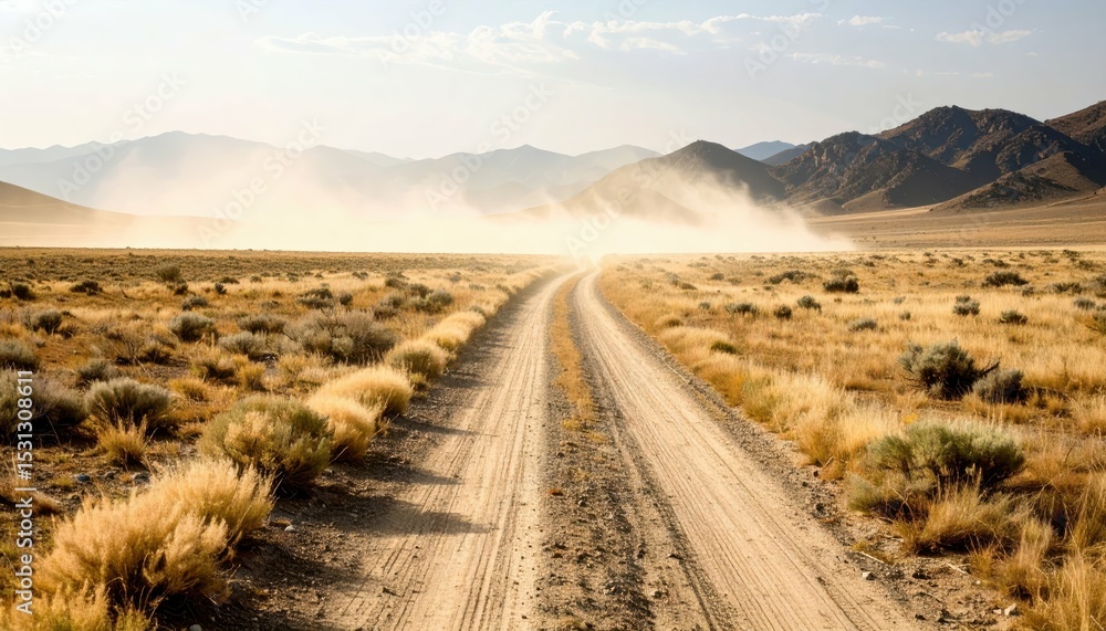 Poster worn pathway through vast empty plain with dust and haze in distance