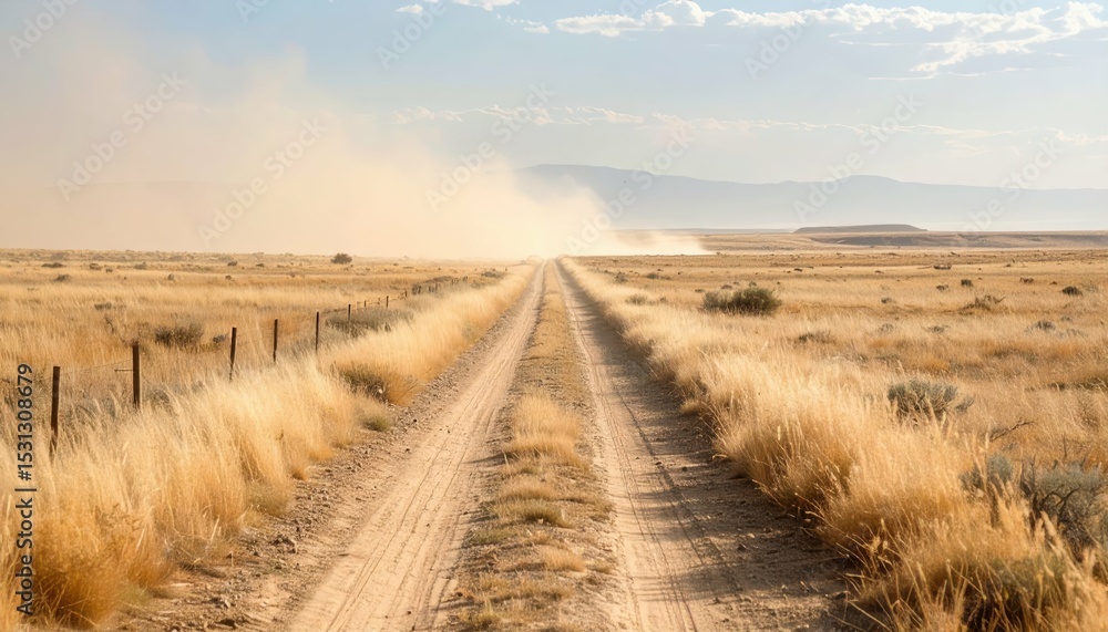 Poster dusty pathway through a vast and empty plains under hazy sky