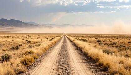 Fototapeta premium Dusty Pathway Through Vast Empty Plain under Heat Haze
