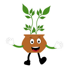 Plant pot mascot cartoon character, Cute Potted Plant Mascot with Vibrant Leaves. Flat Art Plant Mascot, Perfect for Logos and Stickers