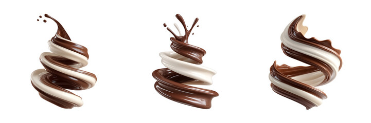 A dynamic swirl of chocolate and milk in a spiral shape on a  transparent background