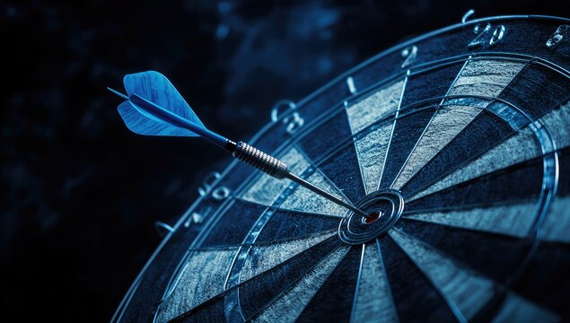 Close-up of a dark, textured dartboard with a blue dart precisely in the bullseye