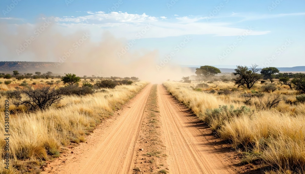 Poster dusty pathway through empty plain in vast distant landscape