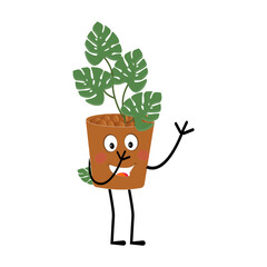 Plant pot mascot cartoon character, Cute Potted Plant Mascot with Vibrant Leaves. Flat Art Plant Mascot, Perfect for Logos and Stickers
