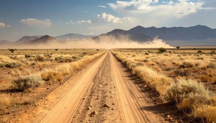 Vast Empty Pathway Through Dusty Heat Haze in Rugged Desert Landscape