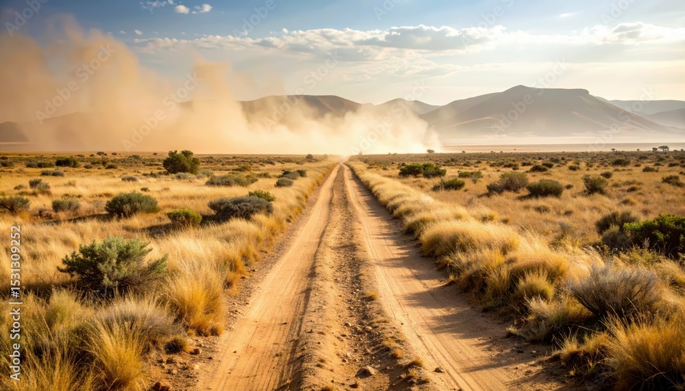 Poster dusty pathway through vast empty plain under heat haze conditions