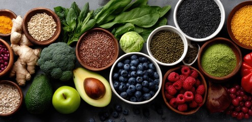 A table with various healthy foods such as fruits, vegetables, and grains arranged in rows on the right side of an empty gray background.